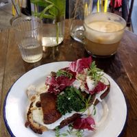 Portobello toast & pumpkin spice latte at Aujourd'hui Demain Cafe in Paris