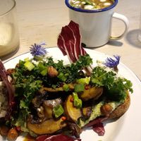 Mushroom toast & Soup at Aujourd'hui Demain Cafe in Paris