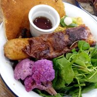 Pancake, scrumble tofu, beyond sausage, tofu-bacon, potatoes, mushroom, salad, maple syrup at Aujourd'hui Demain Cafe in Paris