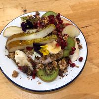 Sweet pancakes (under all the fresh fruit!) at Aujourd'hui Demain Cafe in Paris