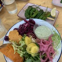 Bowl + spicy roasted peppers (patatas bravas in the background) all AMAZING  at Aujourd'hui Demain Cafe in Paris