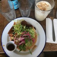 Breakfast plate and peanut latte at Aujourd'hui Demain Cafe in Paris