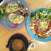 Avocado toast with auromatic mushrooms and mexican beans bowl...! Feels just like home. at Healthy Penguin Cafe in Matsumoto