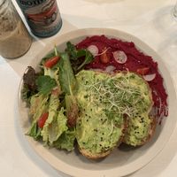 Avocado toast with beet hummus and salad - so good!  at Healthy Penguin Cafe in Matsumoto