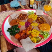 Two vegan plates on one plate at Gezana Eritrean Restaurant in Eindhoven