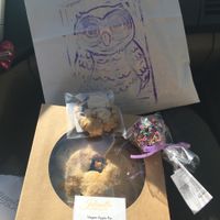 All vegan: apple pie, chocolate cake pop with rainbow sprinkles and pb chocolate chip cookie. 
The cake pop was moist and fresh, the cookie was delicious and the pie had the best crust and filling! at Juliantla Chocolate in Julian
