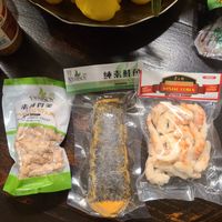 Vegan marked mock meats - Ribs, Salmon, Shrimp at World Foods Supermarket in San Diego