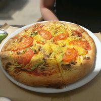 vegetarian pizza with vegan cheese at V+ S Corner in Kefalonia