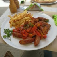 vegetarian sausages with mixed peppers at V+ S Corner in Kefalonia
