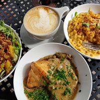 Golden beet salad, crossaint and gravy, smoky mac, vanilla bean latte at Fox & Fig in Savannah