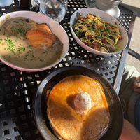 Gunslinger pancake ( you can order just one!) croissant and gravy, potatoes and veggies.   at Fox & Fig in Savannah