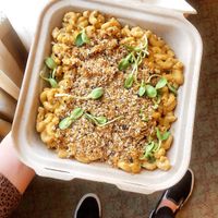 SMOKY MAC macaroni, smoked cashew cheese sauce, toasted panko bread crumbs, Vertu Farm sunflower shoots at Fox & Fig in Savannah