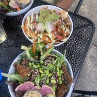 Nachos and two of their quinoa bowls with marinated tofu   at Fox & Fig in Savannah