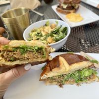 Fox Burger, kale Caesar side salad, and BBQ jackfruit sandwich—all delicious   at Fox & Fig in Savannah