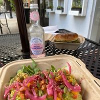 Food , delicious fox burger and tostadas verdes at Fox & Fig in Savannah