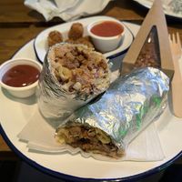 Vegan donner, nuggets and vegan cheesecake.  at What The Pitta in North West London