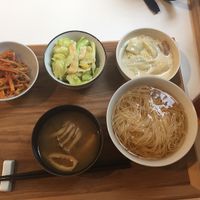 set lunch - soup noodles, miso soup, 3 sides (cabbage dish, burdock and carrot, soymilk soup with veg) at Zen Eat Cuisine in Hong Kong Island