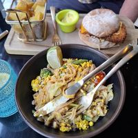 Katsu noodles and 'chicken' burger at Wild Food in Granada