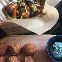 croquettes with spirulina aioli and kfc cauliflower! yum!! at Wild Food in Granada