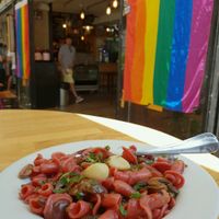 Pink ballerina, aglio olio sauce, mushrooms and olives at Pasta Basta in Tel Aviv