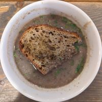 chestnut mushroom soup and bread at Groenten Zonder Grenzen - GZG in Rotterdam