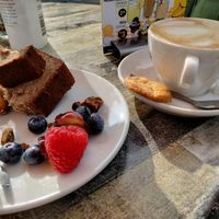 They have this vegan banana bread with soyamilked coffee. But they do not offer very much vegan options. at The Blueberry in Amersfoort