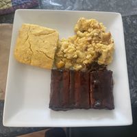 Cornbread, ribs, mac and cheese   at Detroit Vegan Soul in Detroit