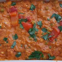 Indian tofu lentil stew with whole grain rice (ResQ) at Anne's Vege in Espoo