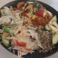 Mediterranean moussaka with De Puy lentils, potato salad, marinated zucchini... at Anne's Vege in Espoo