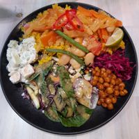 Massaman Thai curry. Walford salad. Two cabbage salad. Marinated chickpeas. More vegetables. at Anne's Vege in Espoo