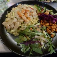 Rice dish with white beans, BBQ sauce chickpeace and salad at Anne's Vege in Espoo