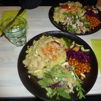 Rice dish with white beans, BBQ sauce chickpeace and salad at Anne's Vege in Espoo