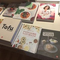 Lots of vegan books at TICH Healthy Living in Brussels