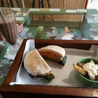 the "pollo" seitan satay burger and chocolate smoothy shake thing!  at Lenteja Loca in Puerto Varas
