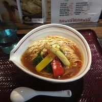 Spicy vegan ramen bowl at Shinjukugyoen Ramen Ouka in Tokyo