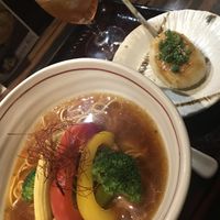 Vegan ramen plus sticky rice appetizer  at Shinjukugyoen Ramen Ouka in Tokyo
