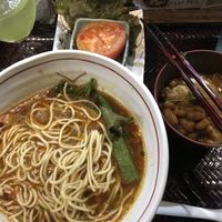 Crazy delicious spicy ramen with curry & rice side (drink included in set menu) at Shinjukugyoen Ramen Ouka in Tokyo