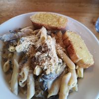 Mushroom stroganoff with garlic bread at Vertical Diner in Salt Lake City