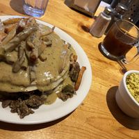 The famous dude cakes and side tofu scramble  at Vertical Diner in Salt Lake City