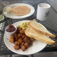 Soy latte, breakfast plate with tofu scramble, potatoes and toast, and an ala carte pancake   at Vertical Diner in Salt Lake City