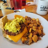 Breakfast sandwich on biscuit with sauzage at Vertical Diner in Salt Lake City