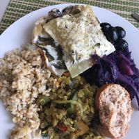 Mushroom and spinach lasagna (amazing) with red cabbage, rice and lentils YUM  at Bosque in Sintra