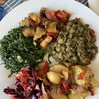 Baked potatoes and apples/red and green cabbage/aubergines with tomatoes/green lentils with spices (delicious) at Bosque in Sintra