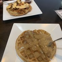 Too: vegan country waffle bottom: vegan Cinnabon waffle at The Buzz Coffee & Cafe in Burnsville