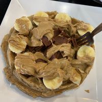 The Presley Vegan. Herbivorous butcher bacon, banana slices, and peanut butter   at The Buzz Coffee & Cafe in Burnsville