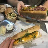 Caprese and Italian hoagies with pasta salad side and cupcake and whoopie pie from Flying Monkey Bakery at LUHV Vegan Deli in Philadelphia