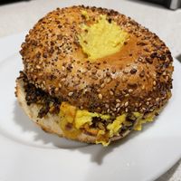 Sausage and egg on everything bagel   at LUHV Vegan Deli in Philadelphia