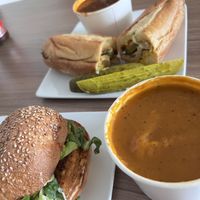Cubano, Crab cake sandwich, lentil soup, sweet potato soup  at LUHV Vegan Deli in Philadelphia