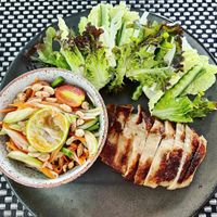 Papaya salad with grilled “chicken "  at Moreganic Restaurant at Away Chiang Mai Thapae Vegan Retreat in Chiang Mai
