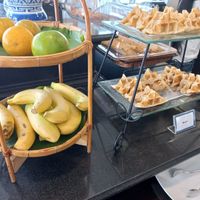Breakfast buffet plate fruit and waffles at Moreganic Restaurant at Away Chiang Mai Thapae Vegan Retreat in Chiang Mai